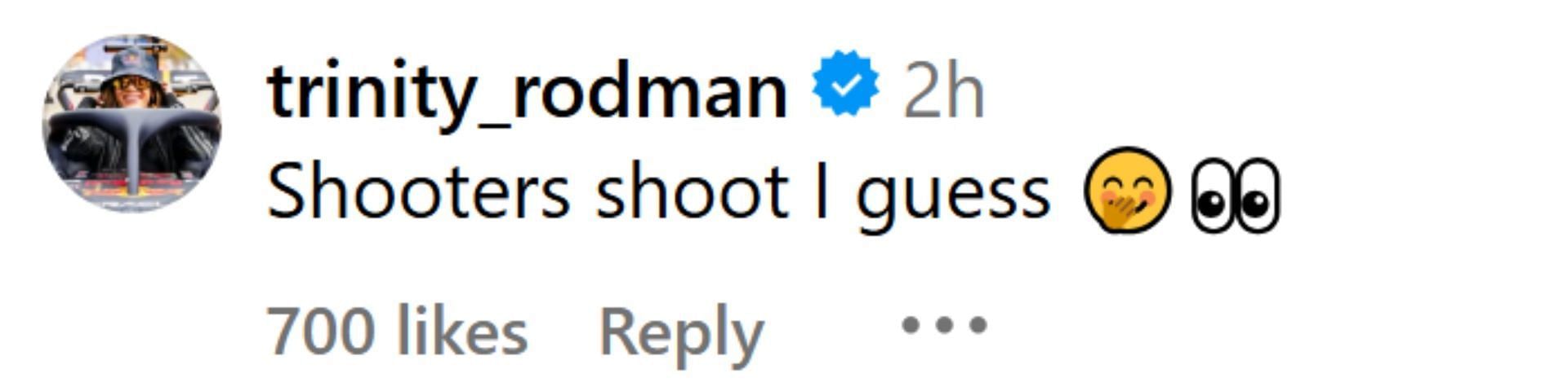 Trinity Rodman comments on Ben Shelton&#039;s IG post. (Photo: @benshelton on IG)