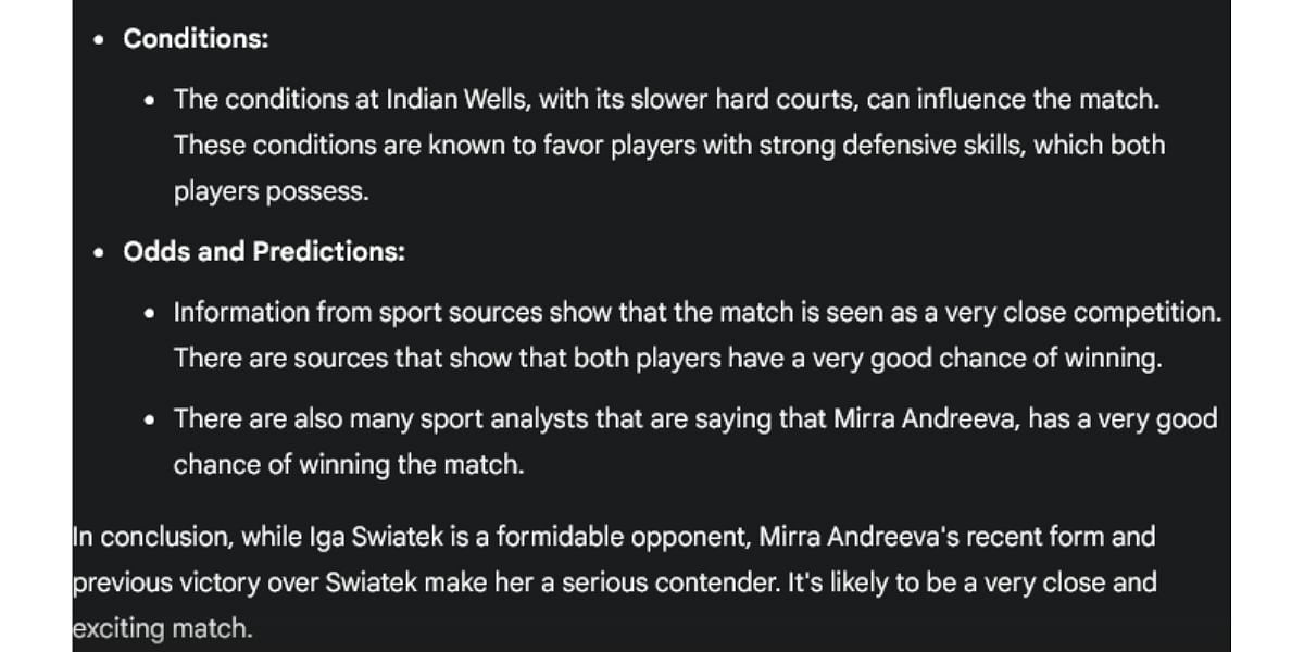 Gemini AI&#039;s thoughts on the semifinal match between Iga Swiatek and Mirra Andreeva. 