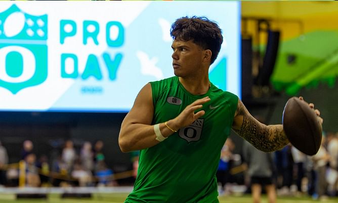 Dillon Gabriel flexes insane arm strength at Oregon's Pro Day ahead of 2025 NFL Draft