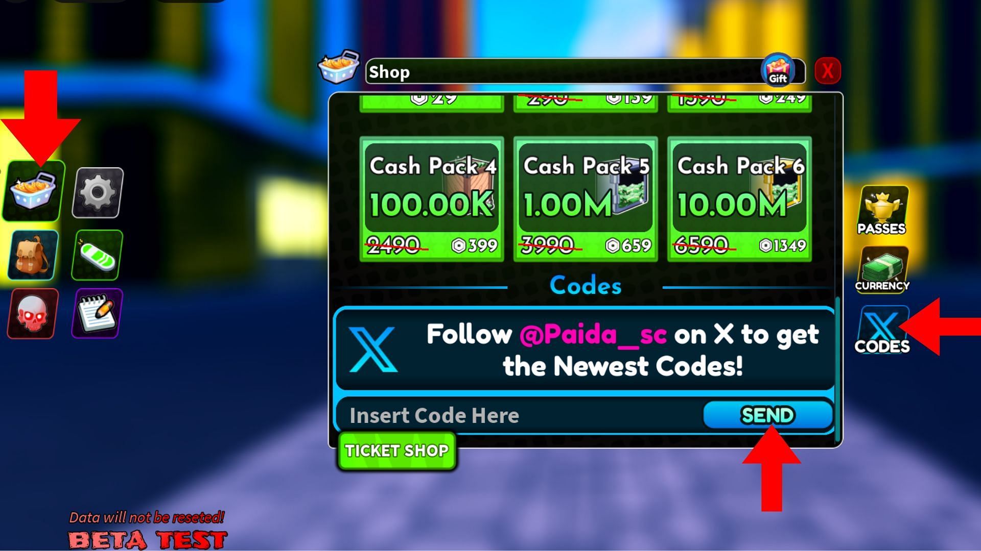 Click the shopping cart icon and then select the Codes tab (Image via Roblox)