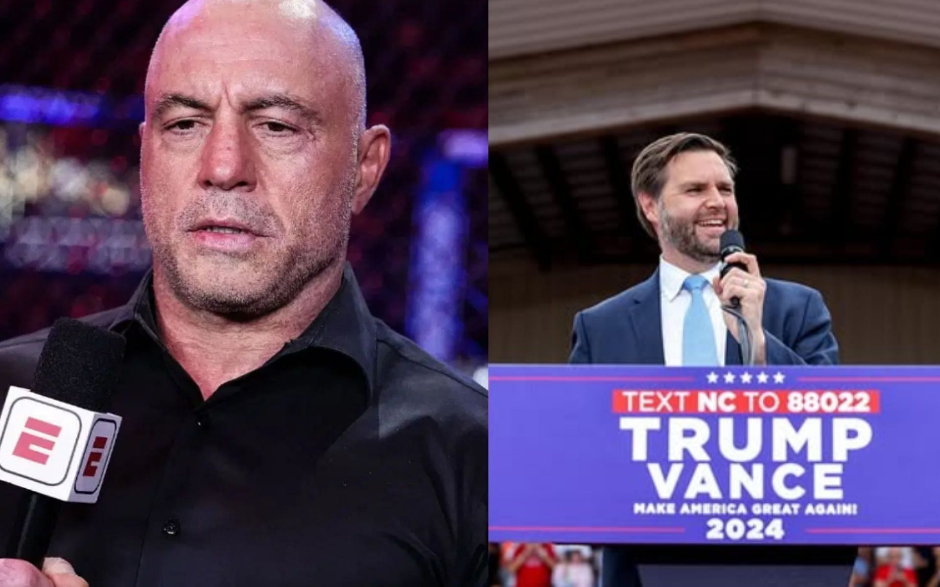 Joe Rogan (left), Josh Dubin, and J.D. Tomlinson discuss political attacks on Vice President JD Vance(right), calling them a strategic move: [Image courtesy: Getty Images and @jdvance on Instagram]