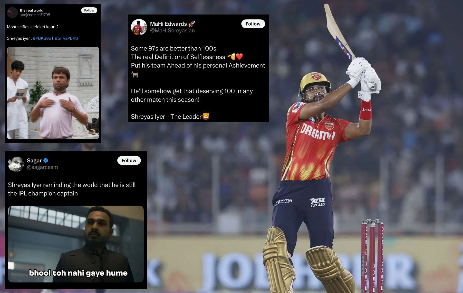 Shreyas Iyer massive praise from fans for his knock. (Pics: Getty Images/X/@MaHiShreyasian/@rajendrach71795/@sagarcasm).