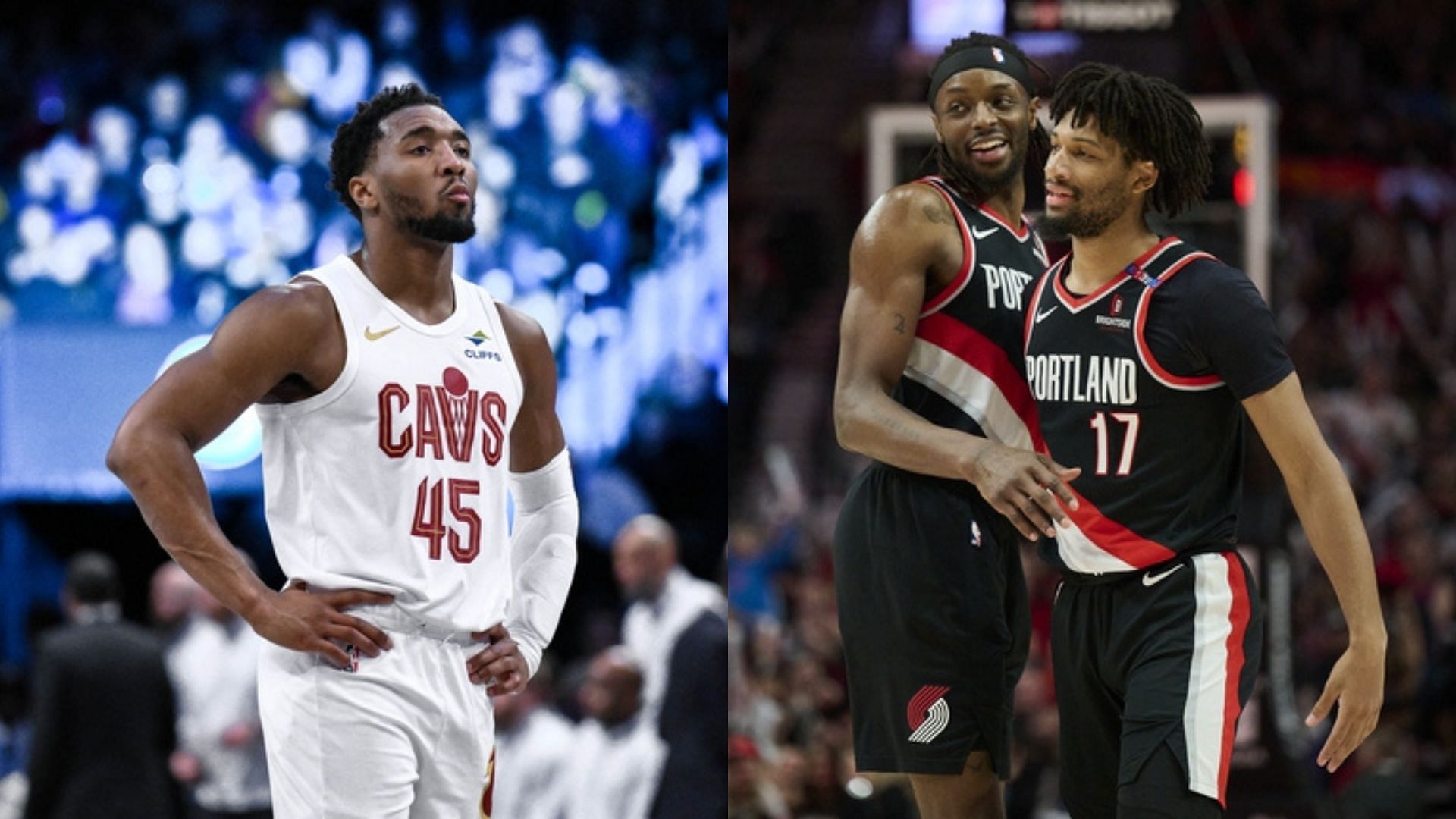 Cleveland Cavaliers guard Donovan MItchell. Portland Trail Blazers forward Jerami Grant celebrates with guard Shaedon Sharpe. Photo Credits: Imagn