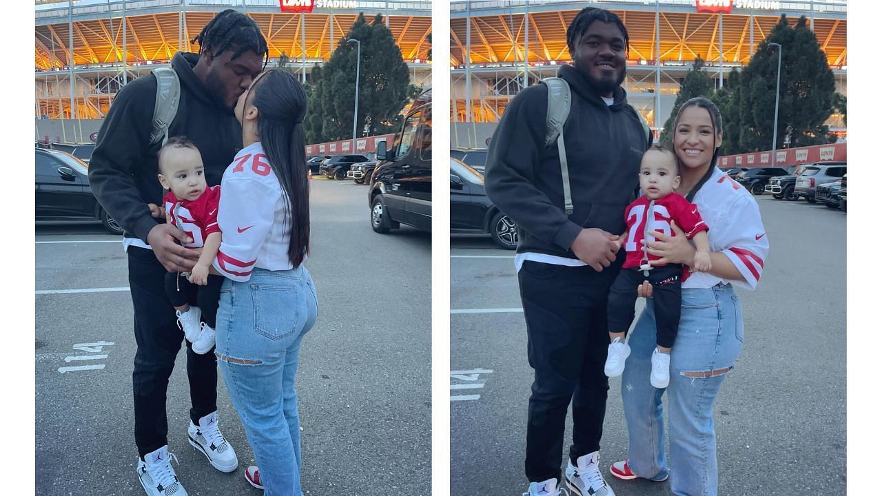 OT Jaylon Moore with his wife Sidney Moore and child 