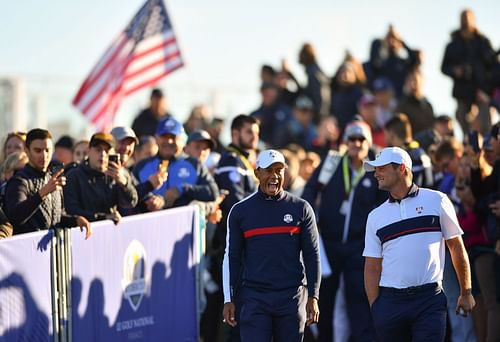 Bryson DeChambeau and Tiger Woods at the 2018 Ryder Cup in Paris, France (Source: Getty)