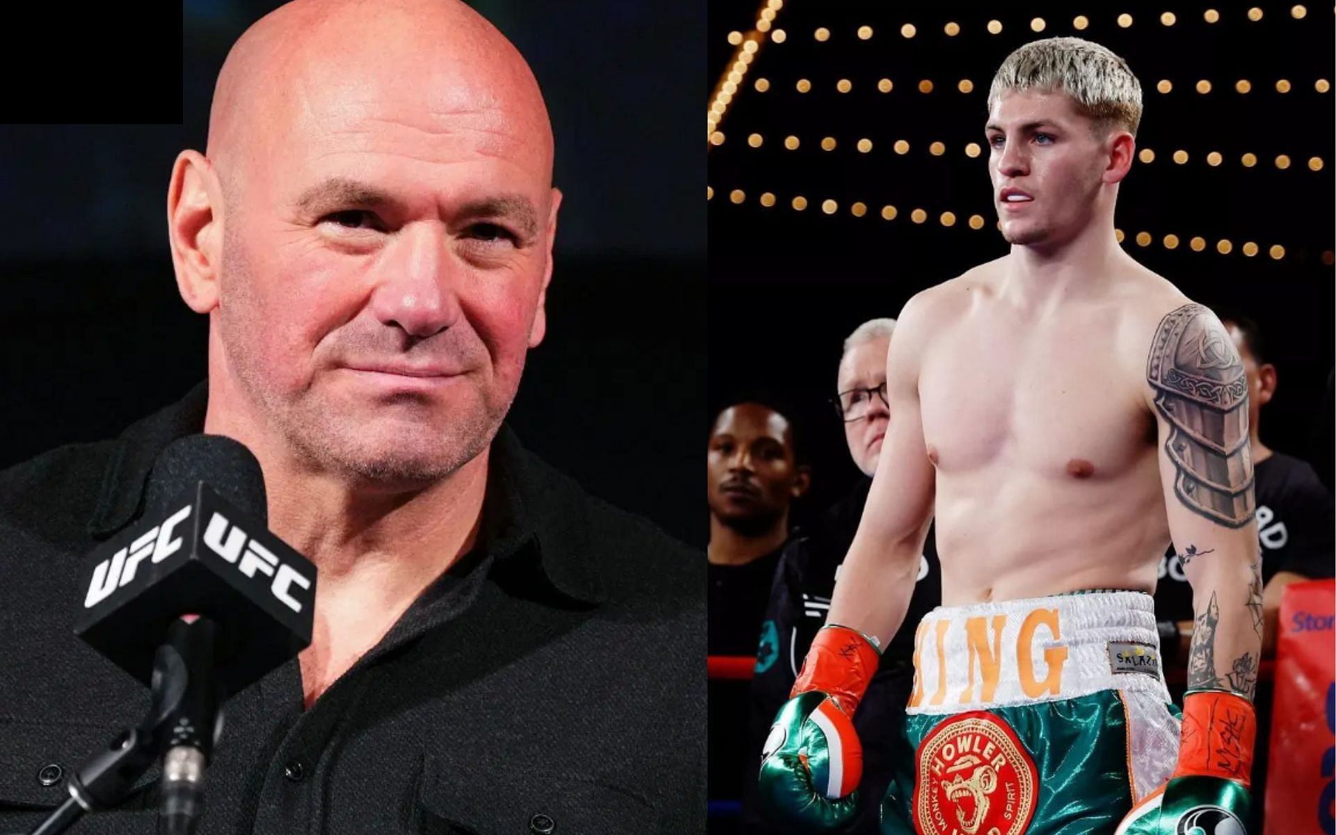 Dana White (left) reacts as Callum Walsh (right) secures devastating first-round KO over Dean Sutherland: [Image courtesy: getty images and @kingcallumwalsh on Instagram]