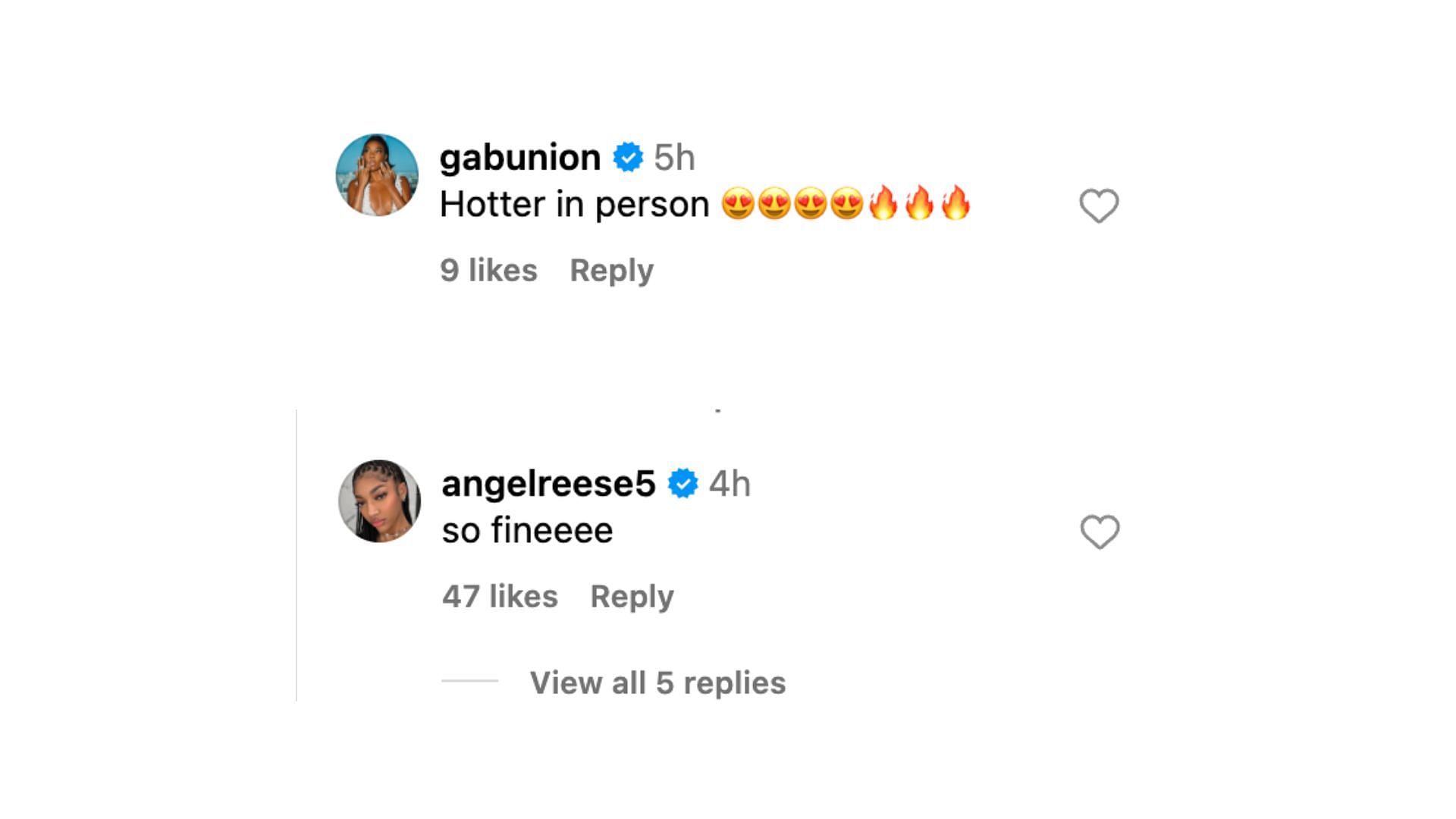 Gabrielle Union and Angel Reese comment on Taylor Rooks IG post. Photo Credits: Taylor Rooks&#039; IG account