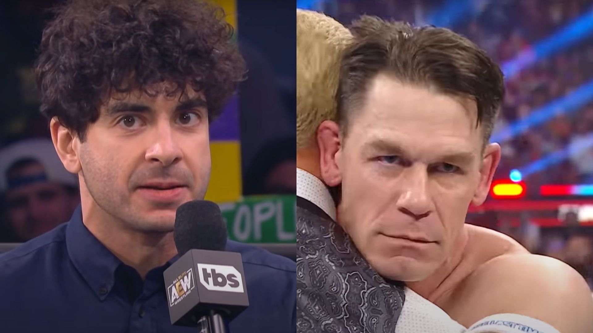 AEW president Tony Khan (left) and John Cena (right). (Image credits: AEW &amp; WWE YouTube channels)