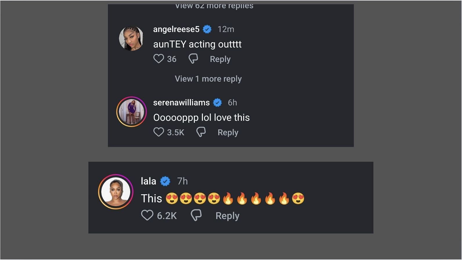 Angel Reese, Serena Williams and La La Anthony react to the photos (Image via Instagram/@TeyanaTaylor)