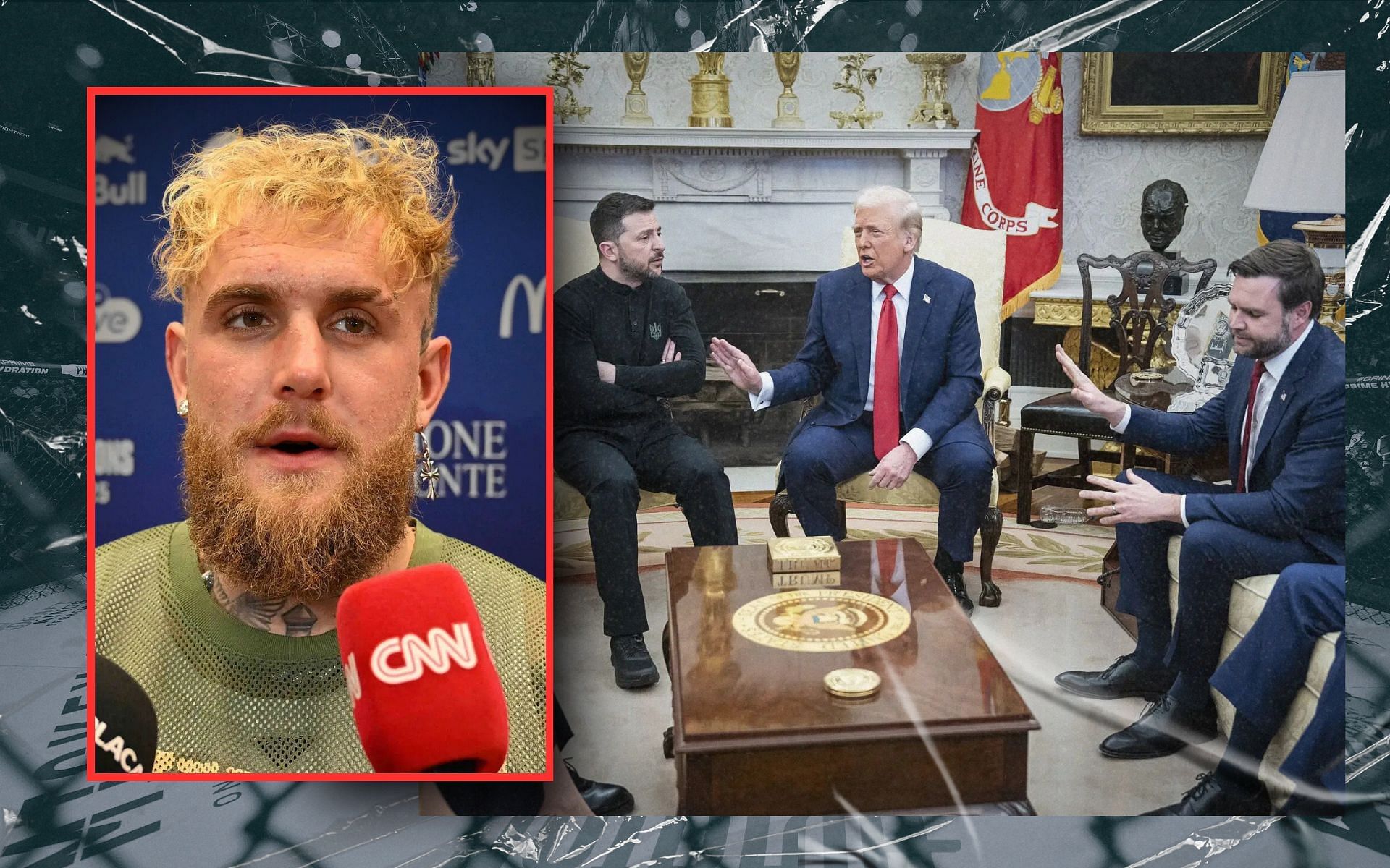 Jake Paul (inset) reacts to tense Oval Office exchange between Donald Trump and Ukraine&rsquo;s President Volodymyr Zelenskyy. [Images courtesy; Getty Images]