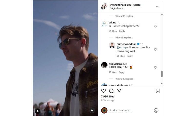 Screenshot of Hunter Woodhall&#039;s comment | Source: IG/thewoodhalls