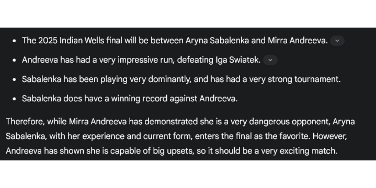 Gemini AI prediction for the Indian Wells 2025 final between Aryna Sabalenka and Mirra Andreeva.