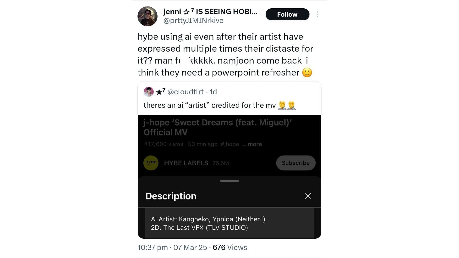 Fans criticize HYBE for using AI in BTS&#039; j-hope&#039;s Sweet Dreams MV (Images via X/@prttyjiminrkive)