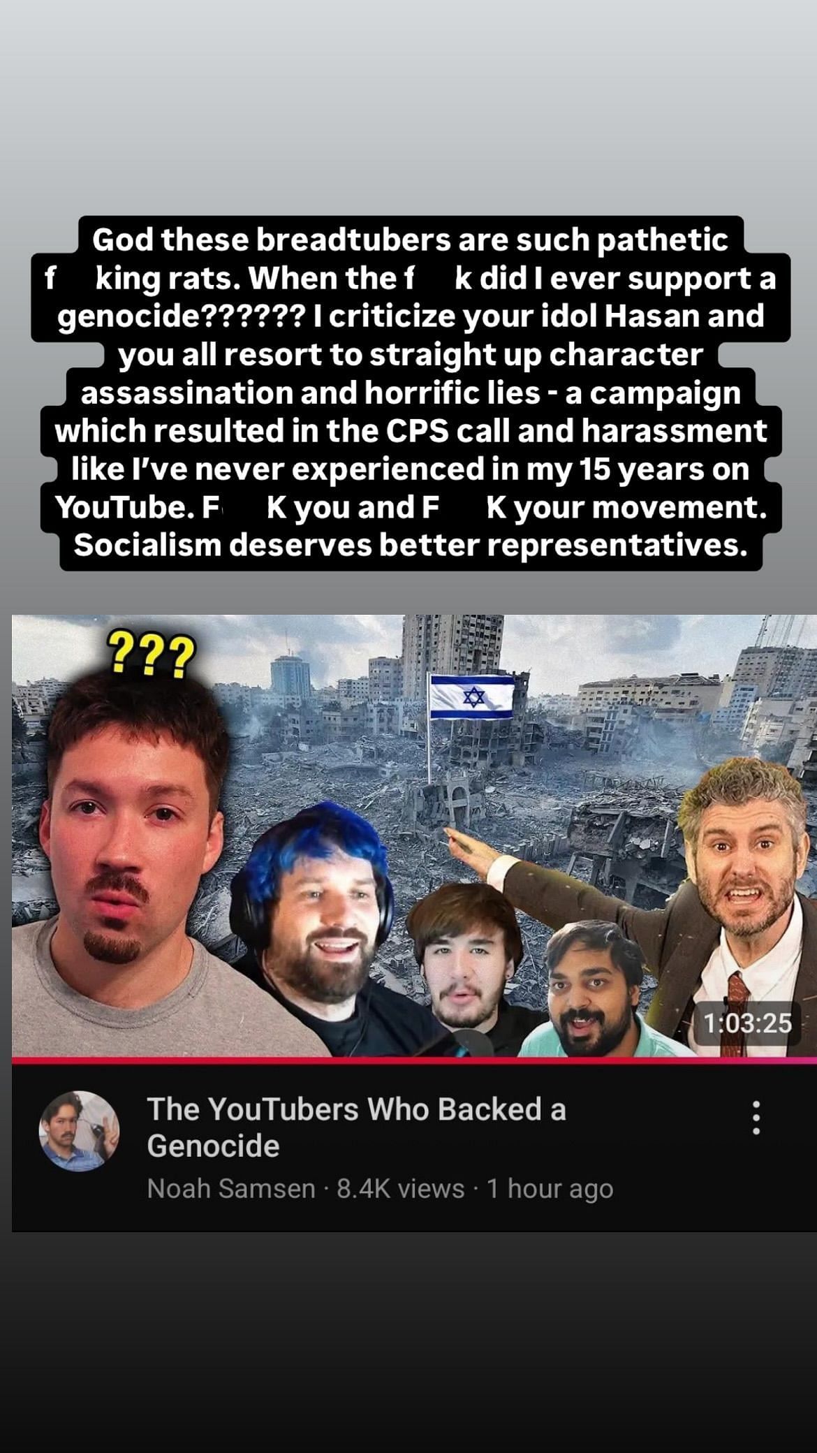 Ethan Klein&#039;s post about &quot;breadtubers&quot; accusing him of supporting genocide (Image via h3h3productions/Instagram)