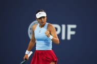 Emma Raducanu of Great Britain celebrates after winning a point against McCartney Kessler of the United States during their match on day 6 of the Miami Open - Source: Getty