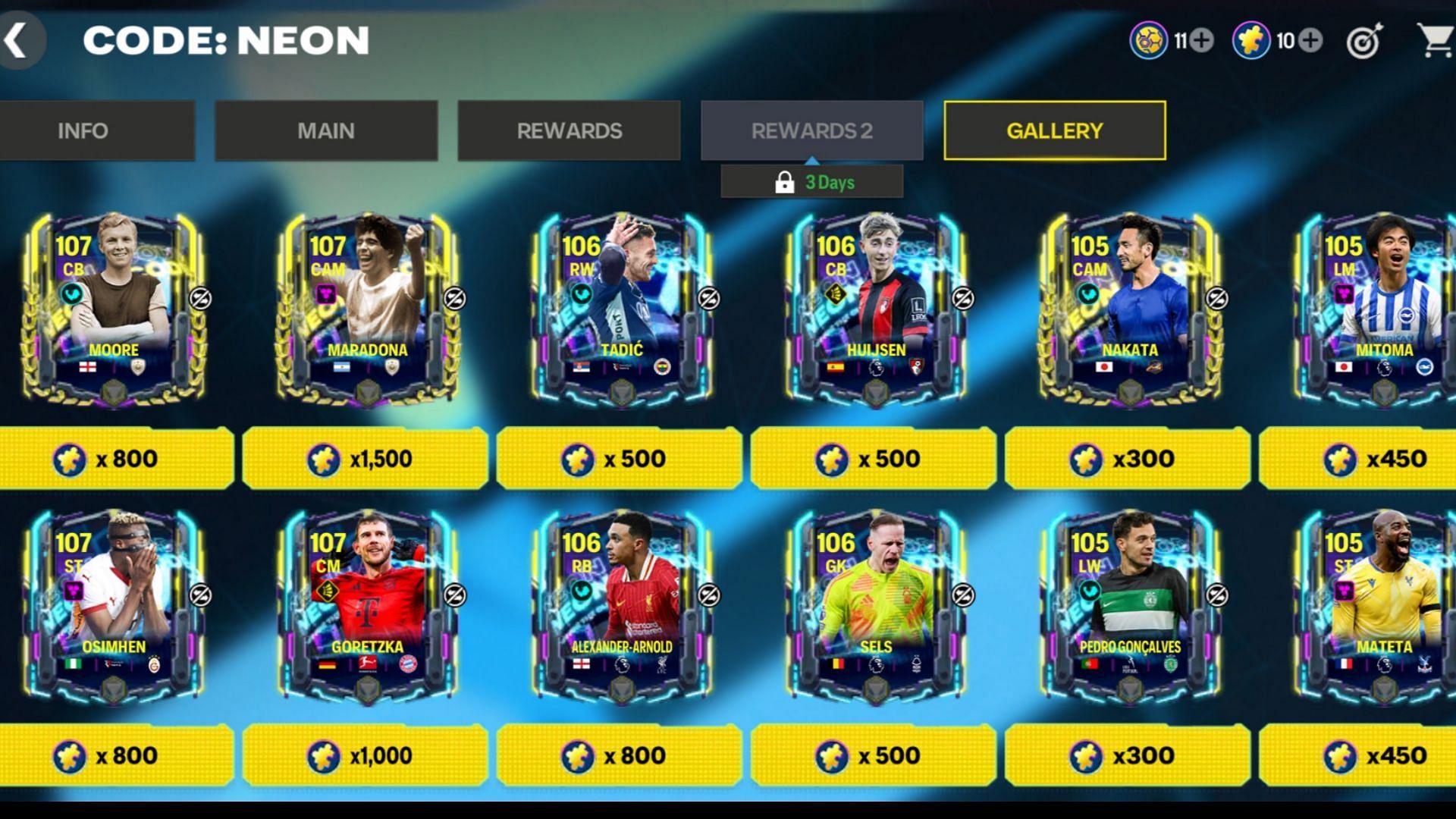 Great player cards can be redeemed using Shards obtained from the EA FC Mobile Code Neon Shards exchanges (Image via EA Sports)