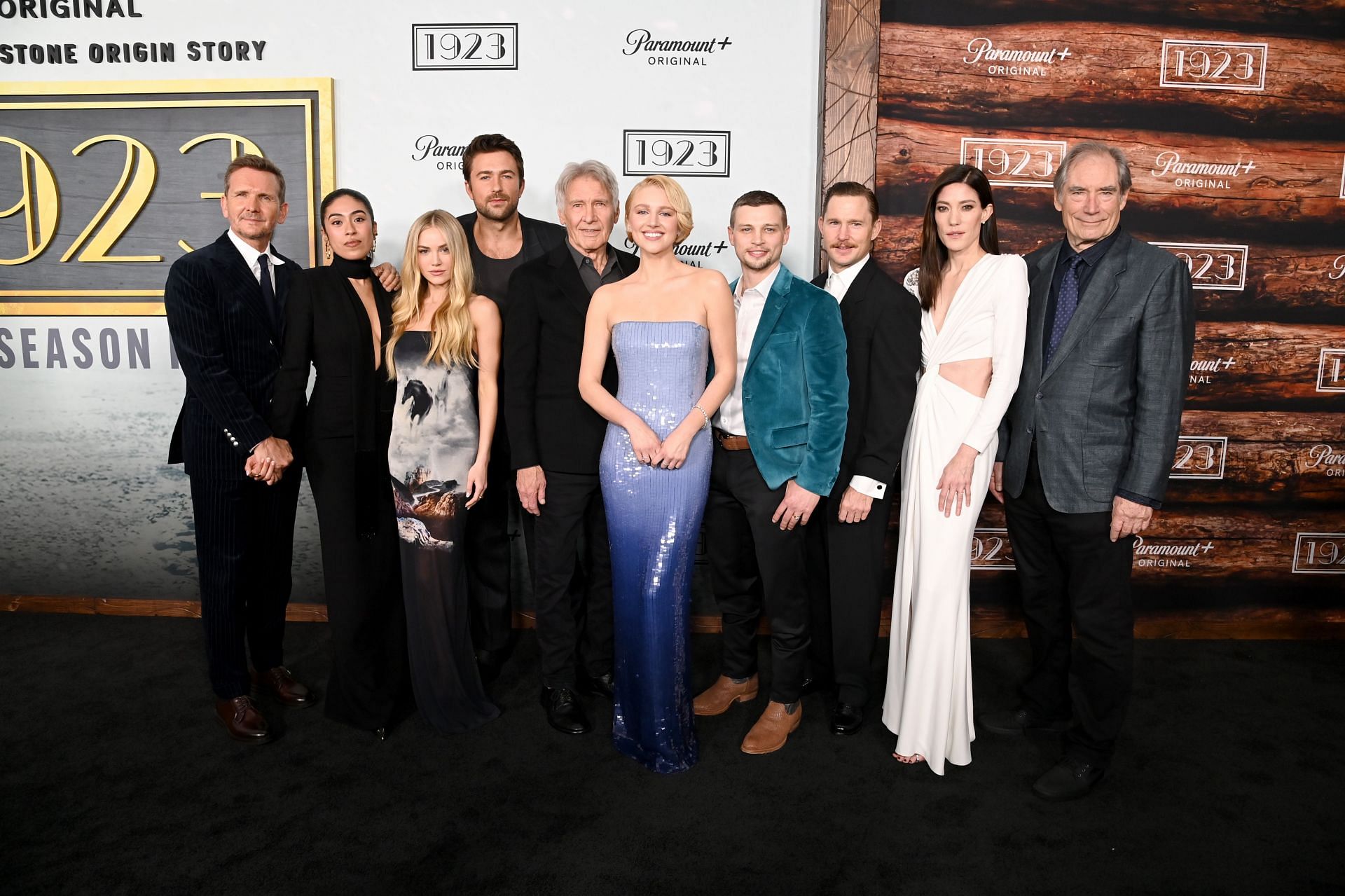 (L-R) Sebastian Roché, Aminah Nieves, Michelle Randolph, Brandon Sklenar, Harrison Ford, Julia Schlaepfer, Darren Mann, Brian Geraghty, Jennifer Carpenter and Timothy Dalton attend the 1923 season 2 Premiere (Photo by Jon Kopaloff/Getty Images for Paramount+)