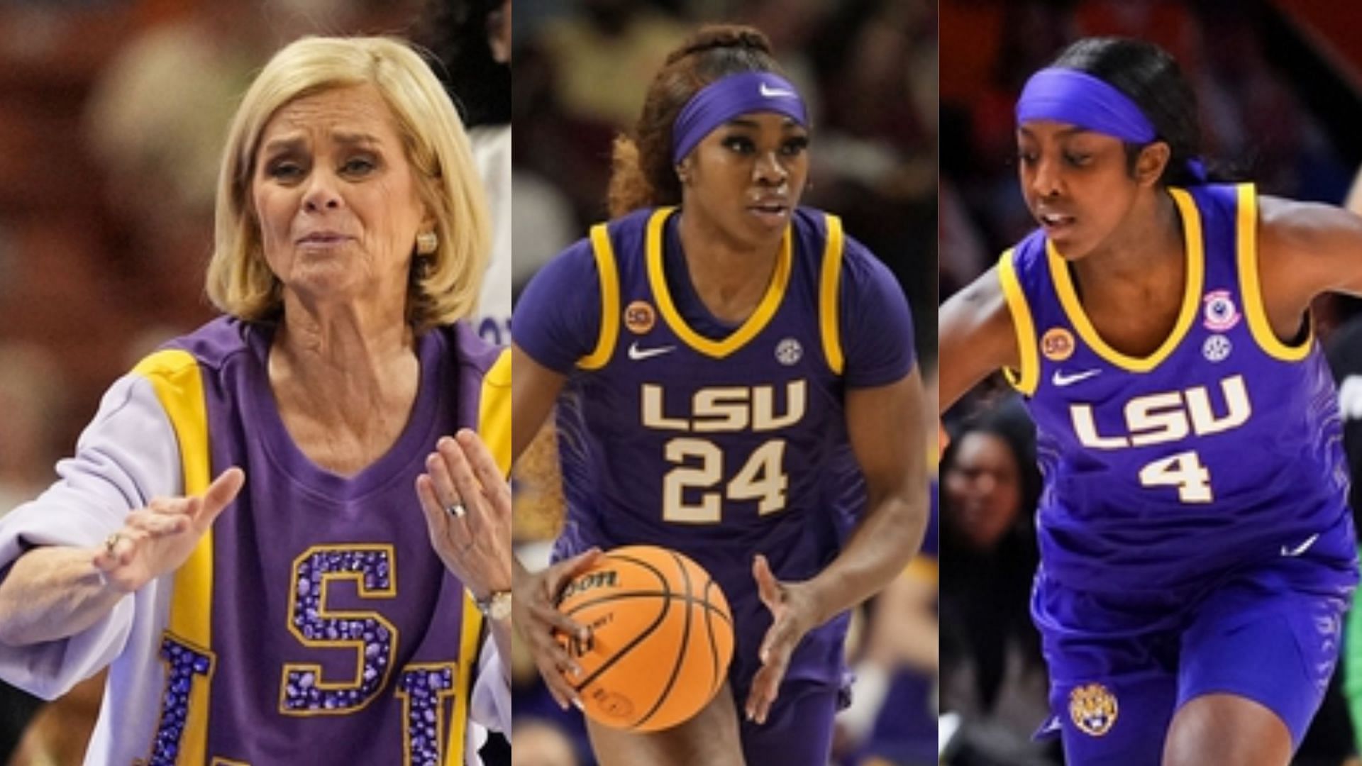 (From left to right) LSU coach Kim Mulkey, forward Aneesah Morrow and Flau