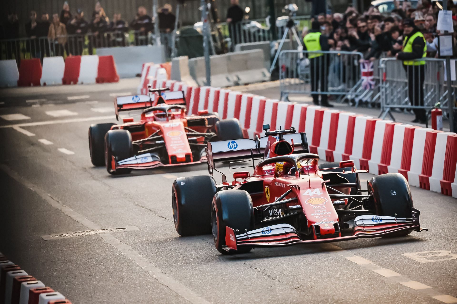 Lewis Hamilton and Charles Leclerc during a street demo in the City Circuit through the streets of Milan - Source: Getty