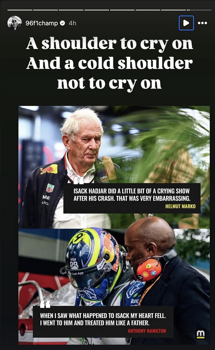 Screenshot of Damon Hill&#039;s IG story [Image Source: @96f1champ/Instagram]