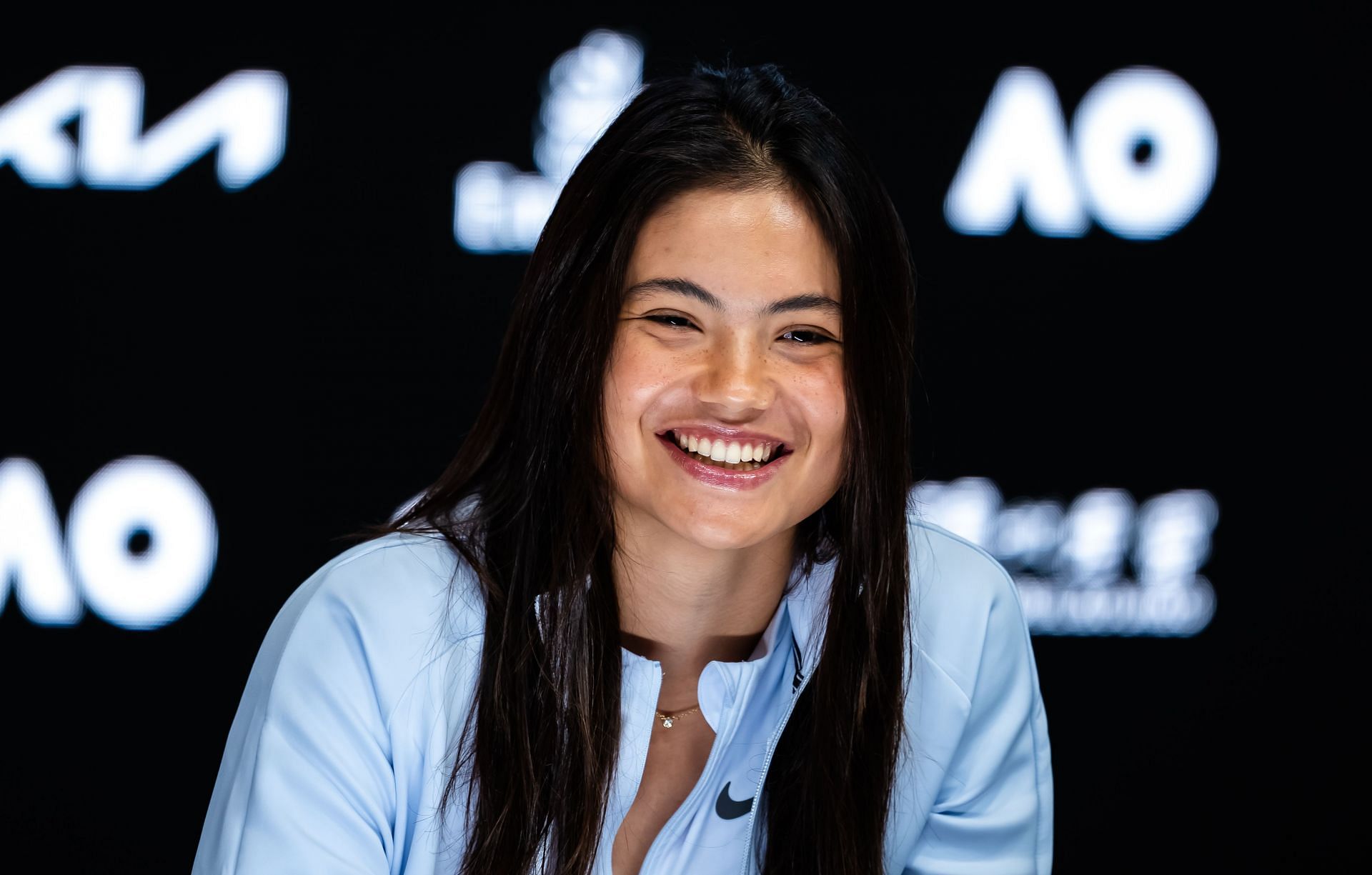 Emma Raducanu all smiles at her press conference in Melbourne | Image Source: Getty