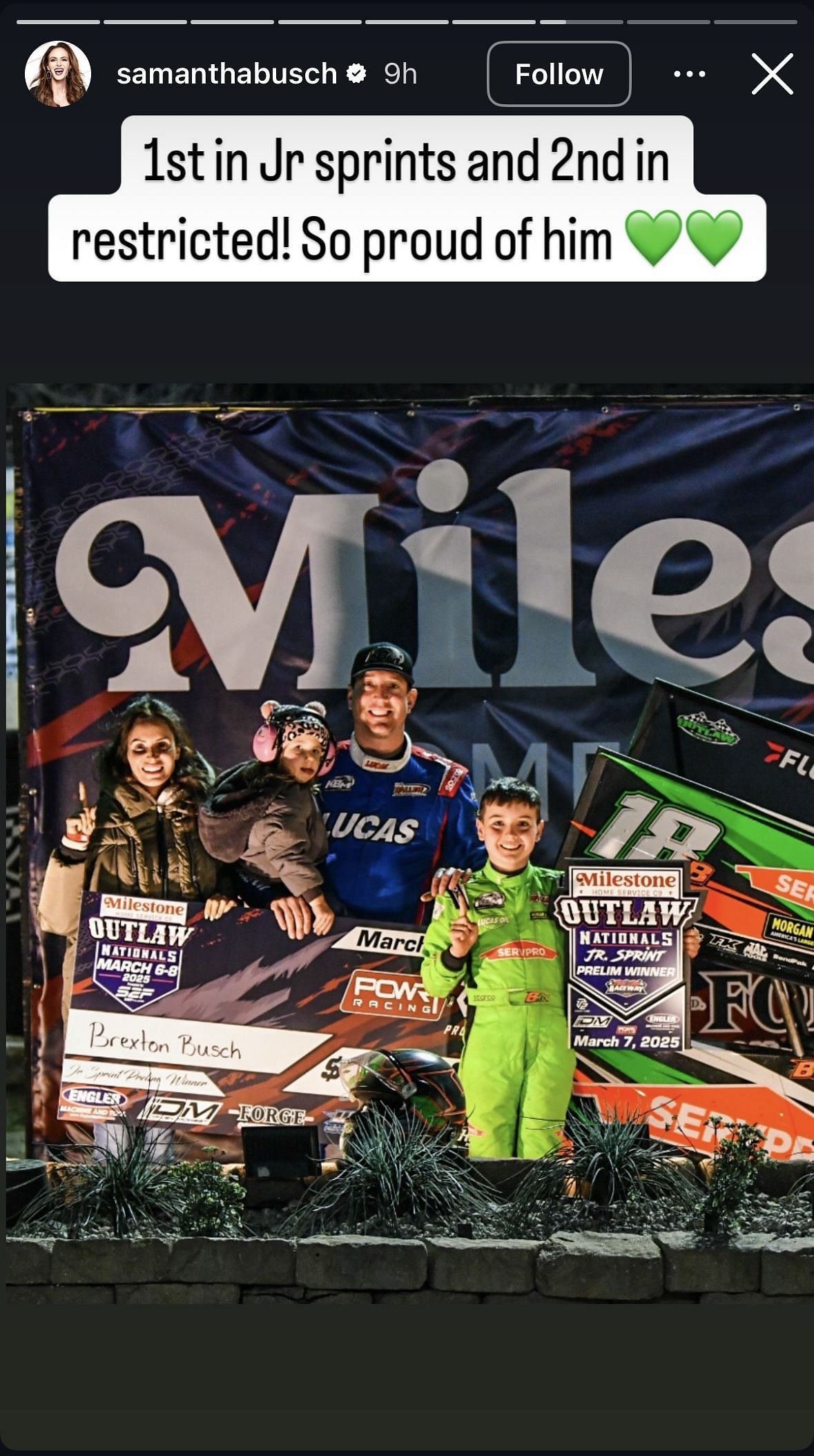 Samantha Busch&#039;s story featuring Brexton, Lennix, and Kyle Busch at the Port City Raceway - Image via Instagram/@samanthabusch