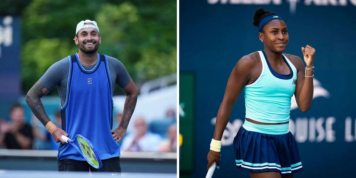 Nick Kyrgios (L) reacts to Coco Gauff