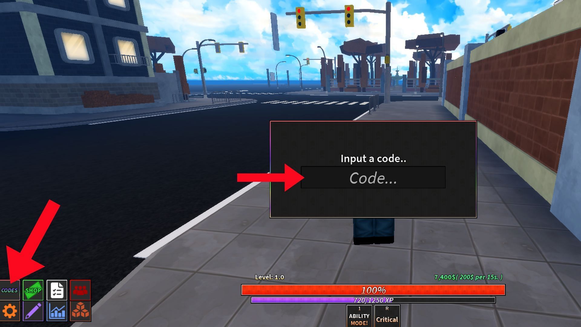 The Codes tab is next to the Shop tab (Image via Roblox)