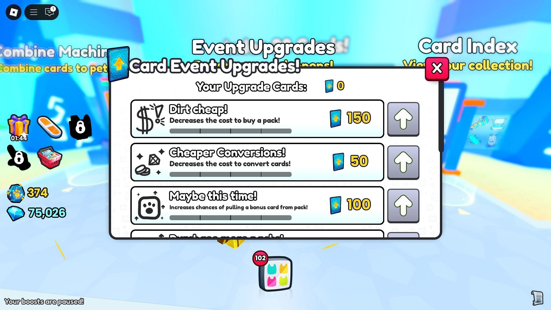 Event Upgrades menu (Image via Roblox)