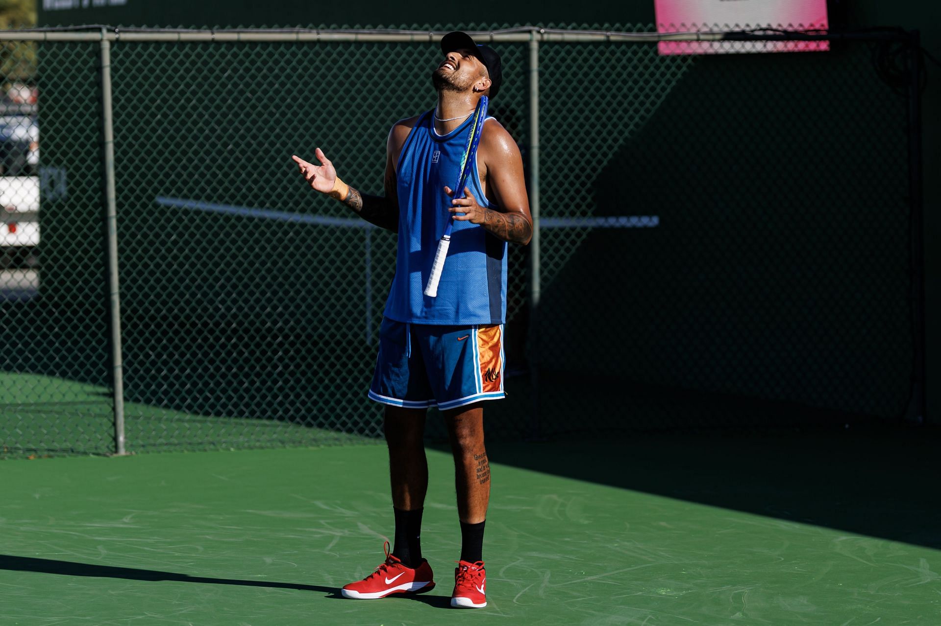 Nick Kyrgios during a practice session at Indian Wells ahead of the 2025 BNP Paribas Open (Source: Getty)