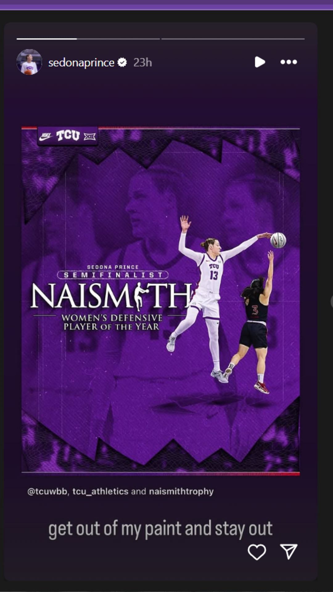 Sedona reacts to being named Naismith award on IG story. Image via @sedonaprince