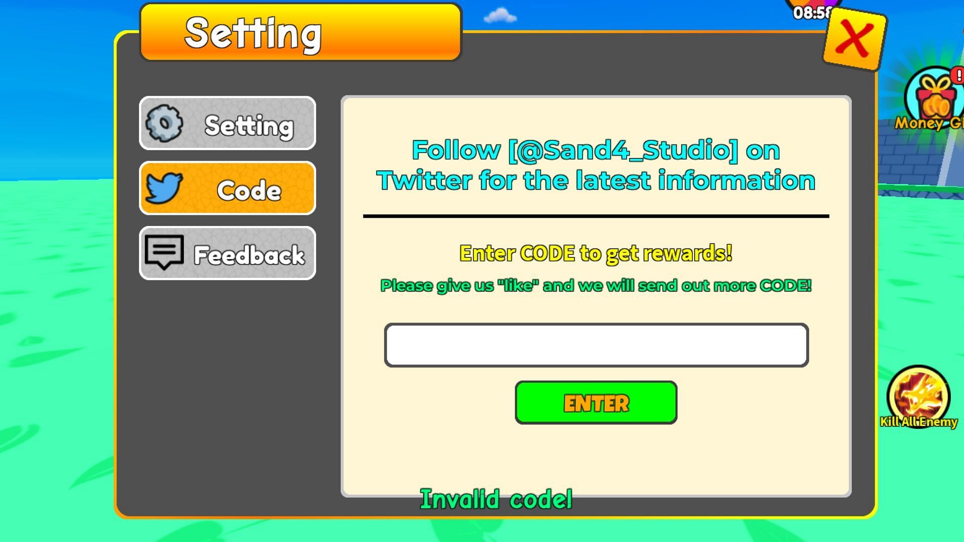 &quot;Invalid code!&quot; error in the game (Image via Roblox)