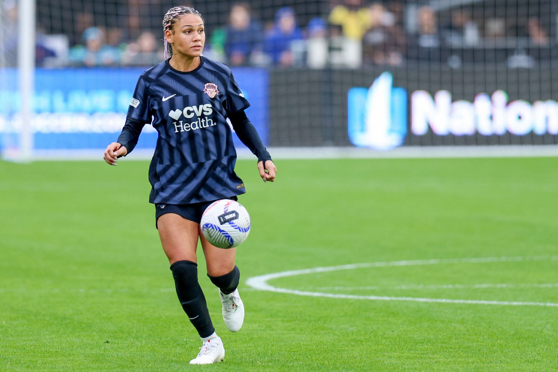 Rodman playing for the Washington Spirit during a match against Bay FC at the Audi Field (Image via: Getty Images)