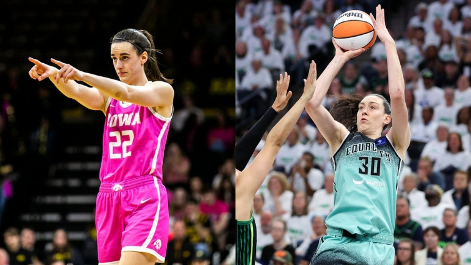 New York Liberty forward Breanna Stewart goes up for a jump shot, Caitlin Clark points to a teammate during a game against Rutgers. Photo Credits: Imagn