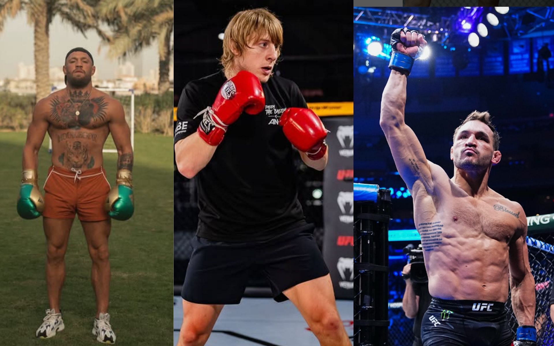 Paddy Pimblett (middle) outlines three-fight plan after Michael Chandler (right) clash, includes potential Conor McGregor (left) showdown: [Image courtesy @ thenotoriousmma, @theufcbaddy and @mikechandlermma on Instagram]