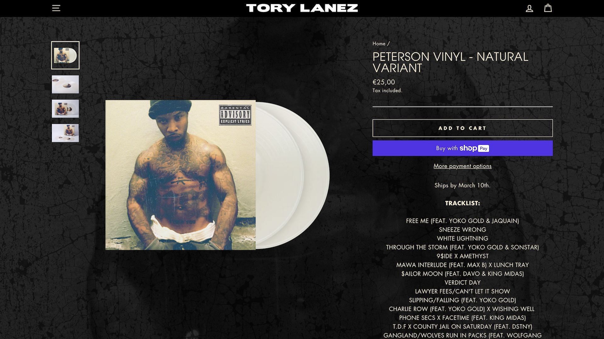 Screenshot of Tory Lanez&#039;s official website and the listing of his upcoming album &#039;Peterson&#039; (Image via daystarpeterson.com)