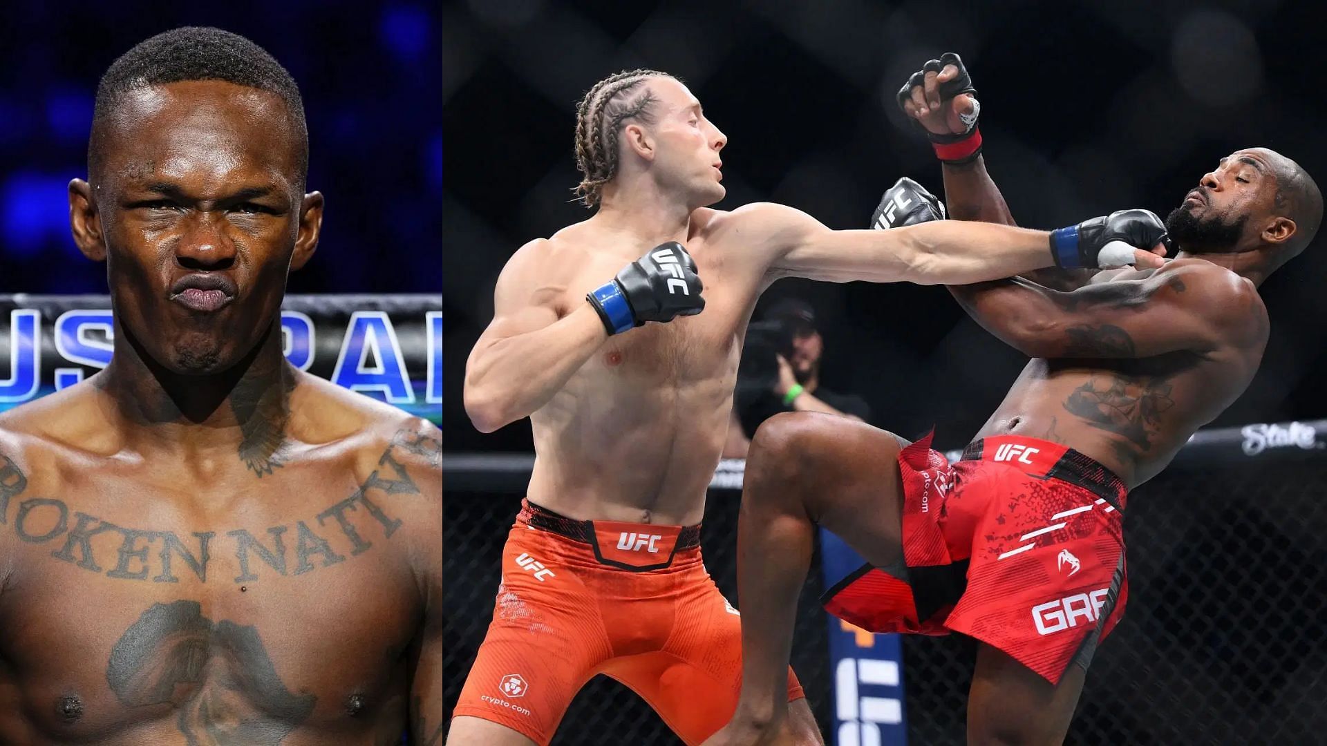 Israel Adesanya (left) was stunned when Paddy Pimblett (middle) submitted Bobby Green (right) at UFC 304. [Image courtesy: Getty Images]