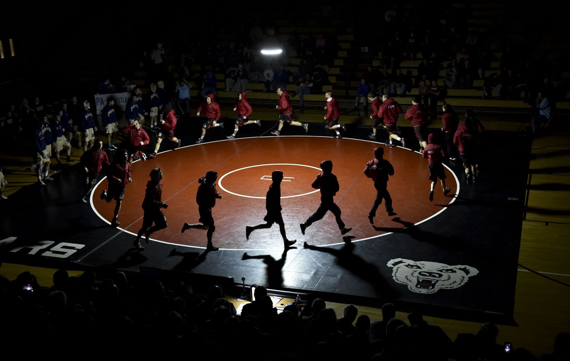 Boyertown wrestlers run out onto the mat at the start of the match. High School Wrestling, the Spring-Ford Rams vs the Boyertown Bears in Boyertown Wednesday evening 1/27/2016. Boyertown won the match 55-9. Photo by Ben Hasty - Source: Getty