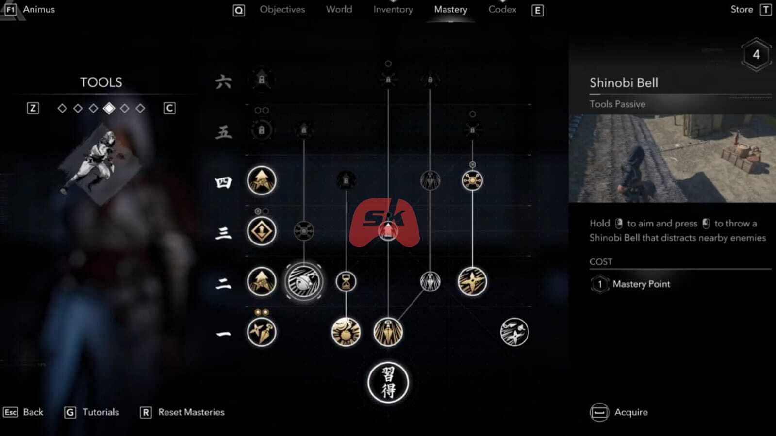 Unlock the Shinobi Bell from Naoe&#039;s tool tree first (Image via Sportskeeda Gaming || Ubisoft)