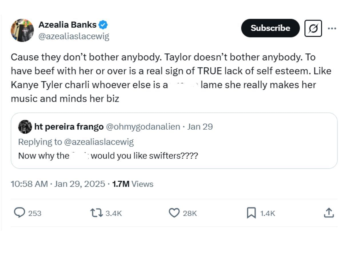 Azealia&#039;s tweet supporting Taylor Swift&#039;s fanbase (Image via X/ @azealiaslacewig)