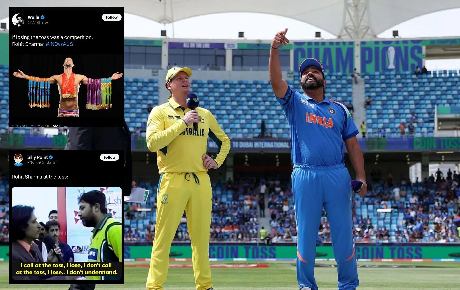 India to bowl first in 2025 Champions Trophy semifinal. (Pics: Getty Images/X/@FarziCricketer/@Wellutwt).