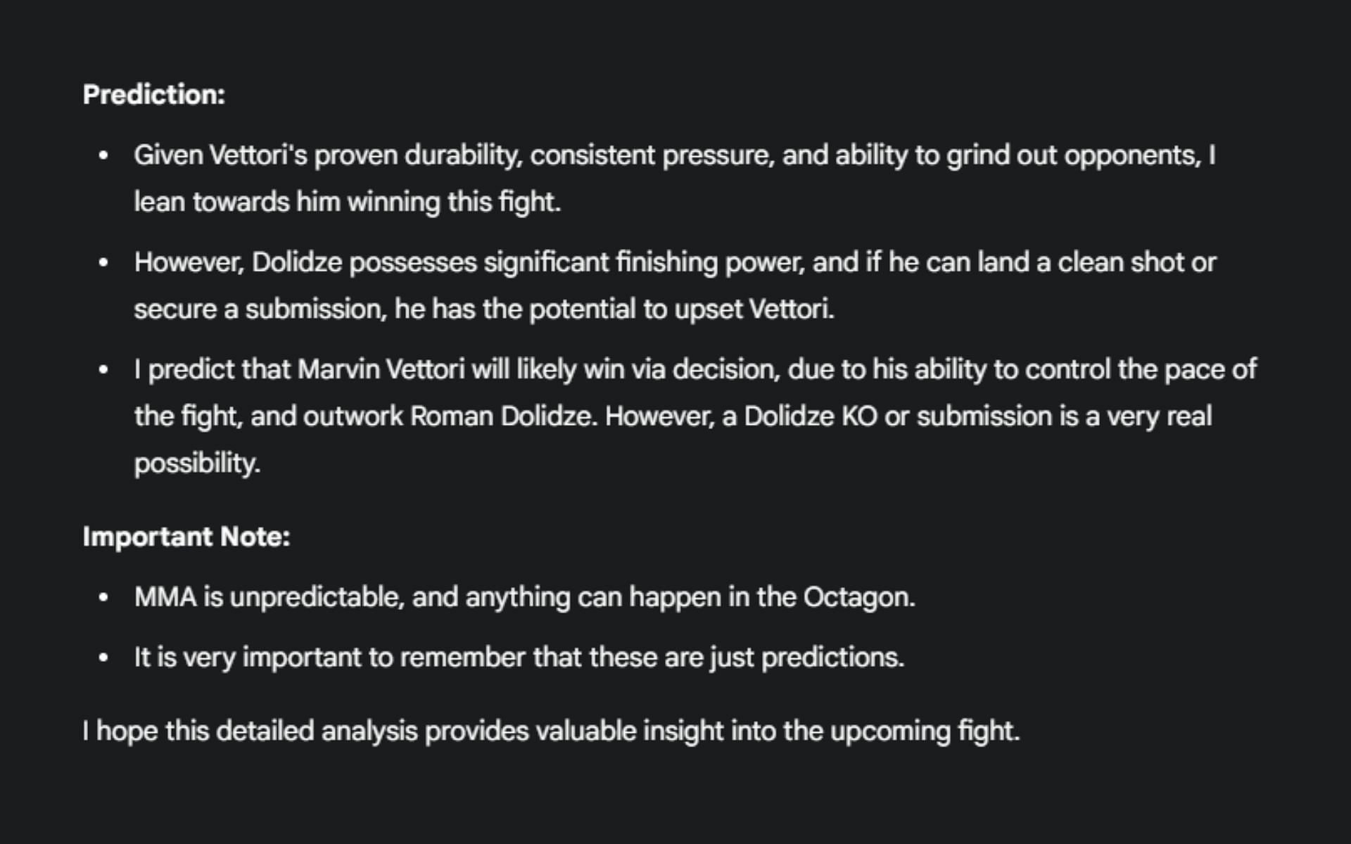 Screenshot of Google&#039;s AI prediction for Marvin Vettori vs. Roman Dolidze 2, a matchup that headlines UFC Vegas 104