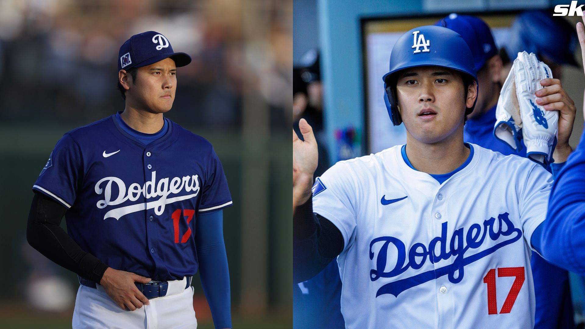 Shohei Ohtani of the Los Angeles Dodgers looks on prior to the spring training game against the Los Angeles Angels at Camelback Ranch (Source: Getty)