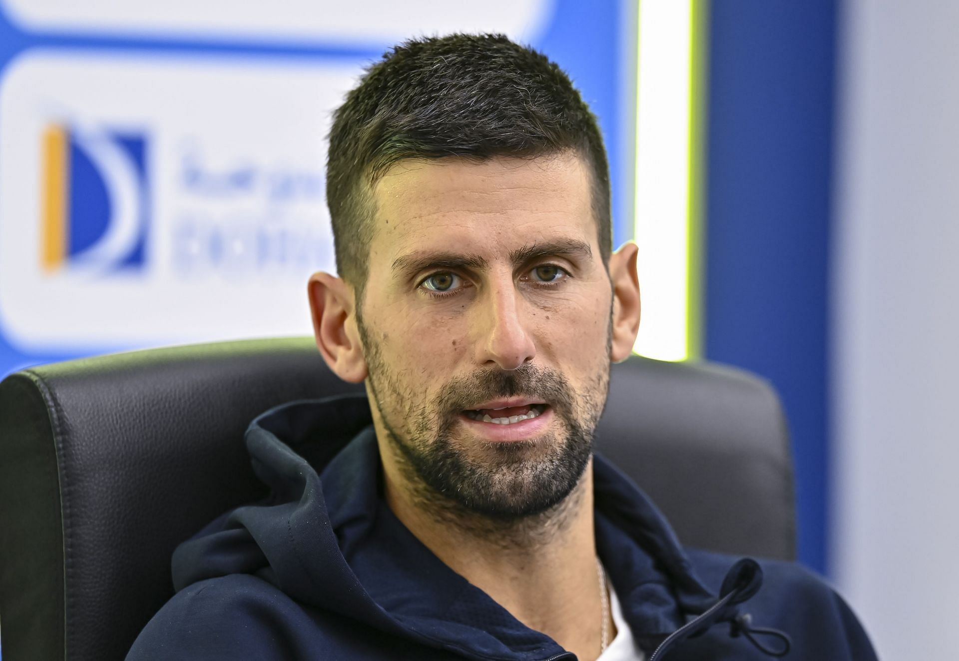 Novak Djokovic during his post-match press conference following his loss to Matteo Berrettini at the 2025 Qatar ExxonMobil Open (Source: Getty)