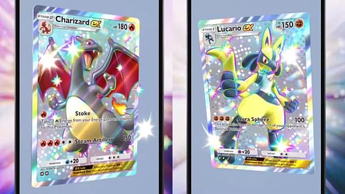 Shiny Charizard ex and Shiny Lucario ex as revealed in Pokemon TCG Pocket Shining Revelry trailer (Image via The Pokemon Company)