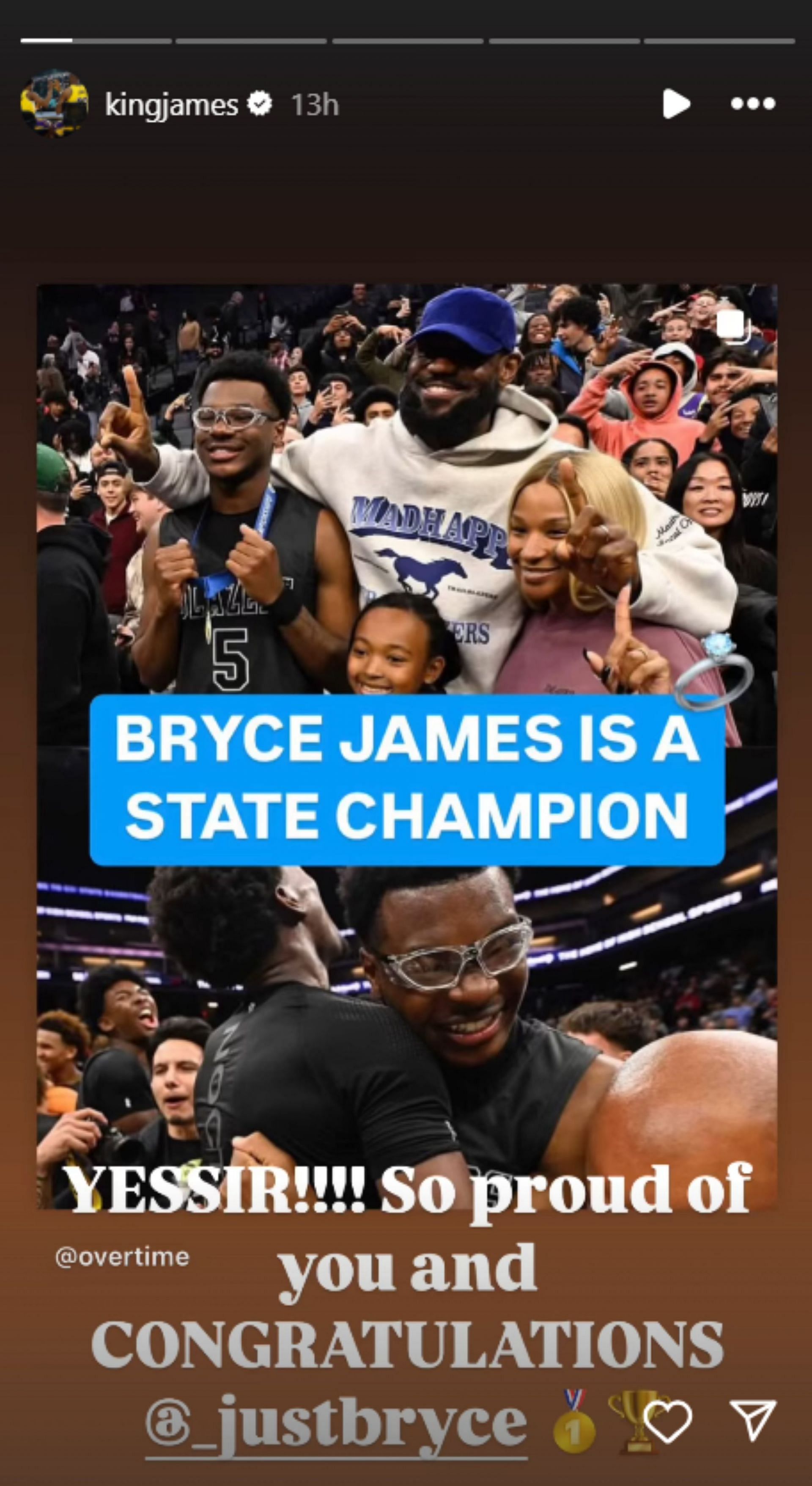 LeBron James congratulates his son for winning the State Championship (Image: IG/ LeBron James)