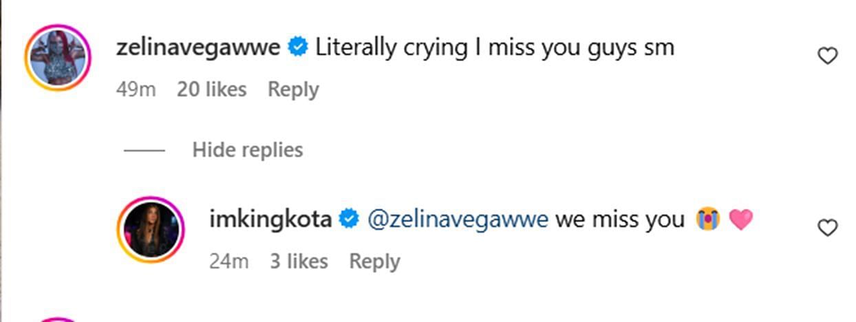 Zelina Vega appears to be missing her friends on RAW. [Image credits: screenshot of Vega&#039;s comment on Dakota Kai&#039;s Instagram post]