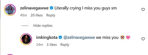 Zelina Vega appears to be missing her friends on RAW. [Image credits: screenshot of Vega's comment on Dakota Kai's Instagram post]