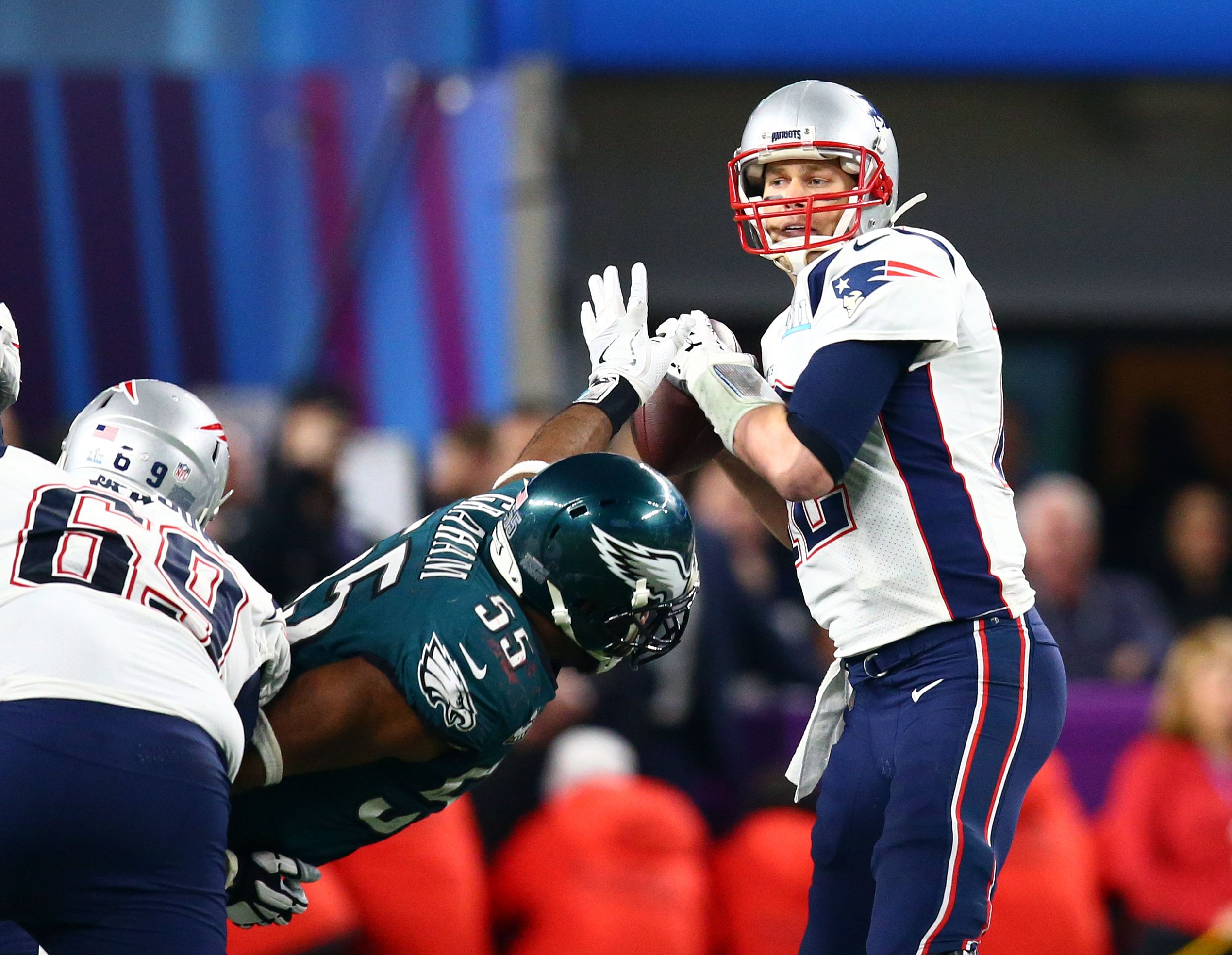 Philadelphia Eagles defensive end Brandon Graham (55) sacks New England Patriots quarterback Tom Brady (12) forcing a fumble in the fourth quarter in Super Bowl LII - Source: Imagn