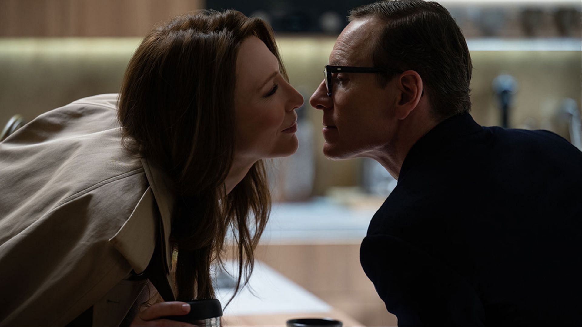 Cate Blanchett and Michael Fassbender as Kathryn and George in Black Bag. (Image via Focus Features)